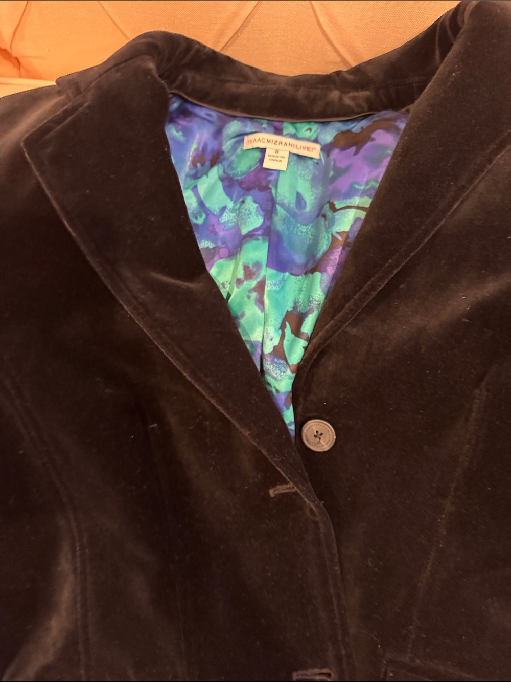 Isaac Mizrahi Black Velvet Blazer with Teal & Blue Lining